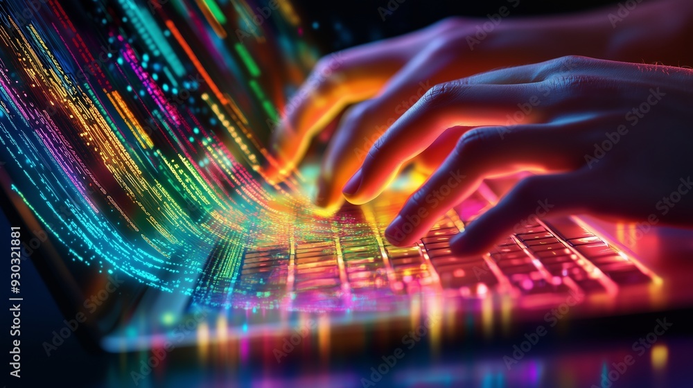 Aufkleber fingers flew over a glowing keyboard, coding vibrantly against a dark backdrop in intense focus.