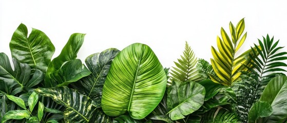Lush Green Tropical Leaves Border on White Background