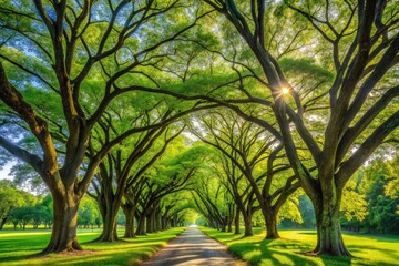 Fototapeta premium Serene landscape of majestic trees with lush green canopies stretching towards the sky, casting dappled shadows and fostering a sense of tranquility and relaxation.