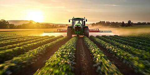 Farming tractor spraying plants in a field. Generative AI