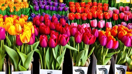 Colourful fresh tulips on sale in flower market, amsterdam, netherlands, europe