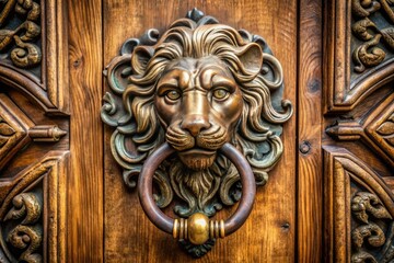 Intricately designed lion head door knocker with ornate scrollwork adorns a worn wooden surface, its aged brass finish telling a story of time and elegance.