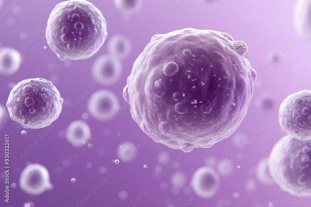 Poster a close up view of a cell in a purple environment showcasing the intricate structure of biological c