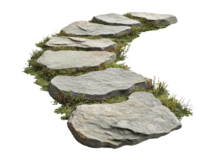 A stone path with moss growing on it. The path is long and winding, leading to a destination. The moss adds a natural and serene touch to the scene, creating a peaceful atmosphere