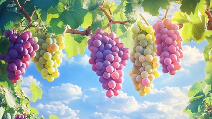 A vibrant display of colorful grapes hanging from a vine against a bright sky.