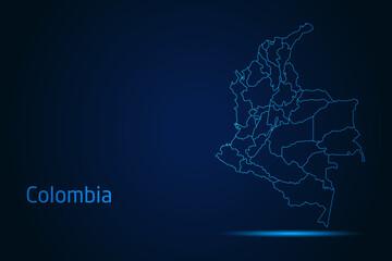 Abstract High Detailed Glow Blue Map on Dark Background of Map of Colombia symbol for your web site design map logo, app, Travel. Vector illustration eps 10.	
