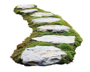 A stone path with moss growing on it. The path is long and winding, leading to a destination. The moss adds a natural and serene touch to the scene, creating a peaceful atmosphere