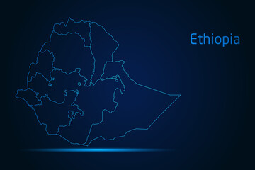 Abstract High Detailed Glow Blue Map on Dark Background of Map of Ethiopia symbol for your web site design map logo, app, Travel. Vector illustration eps 10.	
