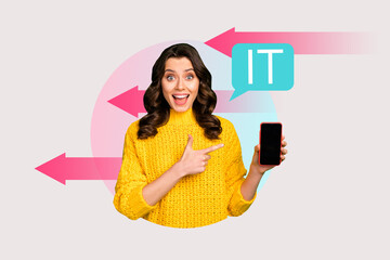 Trend artwork 3D image photo collage of young woman stand finger point hand hold smartphone display...