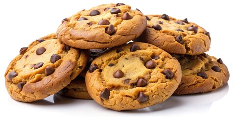 Freshly baked, crunchy on the outside, chewy on the inside, warm golden brown chocolate chip cookies arranged artfully on a pure white background.