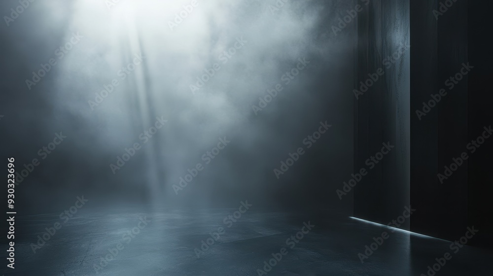 Poster a dimly lit space with fog and light beams creating a mysterious atmosphere.