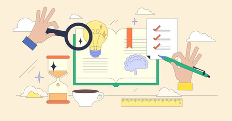 Study techniques as strategy for effective learning tiny neubrutalism concept. Educational approach with productivity from learning process tactics vector illustration. Productivity for students.