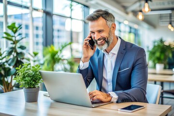 Confident professional shares exciting update over the phone, beaming with joy while multitasking on laptop in a modern, well-lit office setting.