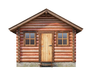 A small wooden cabin with a slanted roof and a door. The door has a window on it