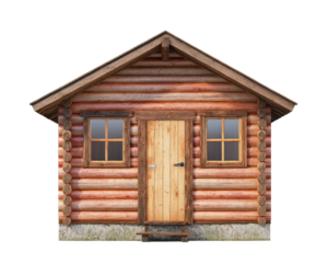 A small wooden cabin with a slanted roof and a door. The door has a window on it