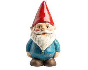 A gnome statue with a blue shirt and red hat