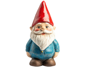 A gnome statue with a blue shirt and red hat
