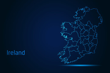 Abstract High Detailed Glow Blue Map on Dark Background of Map of Ireland symbol for your web site design map logo, app, Travel. Vector illustration eps 10.	
