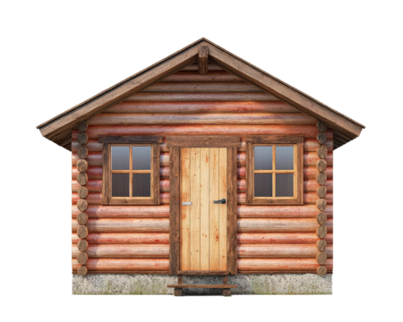 A small wooden cabin with a slanted roof and a door. The door has a window on it