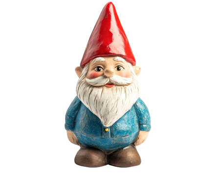 A gnome statue with a blue shirt and red hat