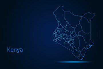 Obraz premium Abstract High Detailed Glow Blue Map on Dark Background of Map of Kenya symbol for your web site design map logo, app, Travel. Vector illustration eps 10. 