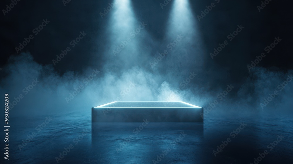 Poster a dimly lit stage with a glowing platform surrounded by mist and beams of light.