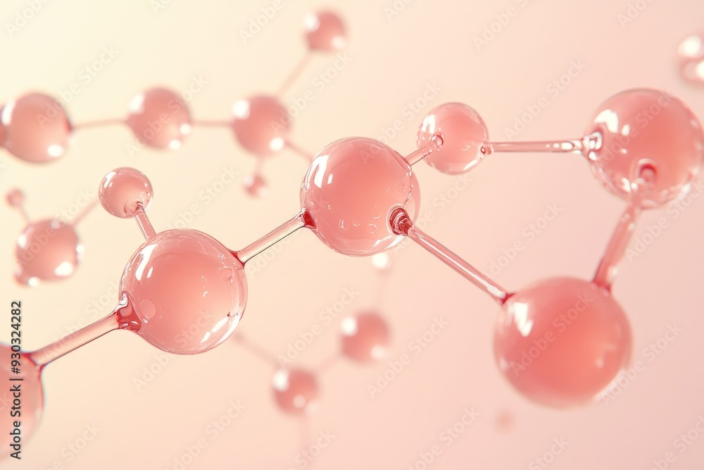 Poster serene scene of floating molecular structures in a soft pink atmosphere depicting the delicate balan