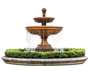 A large fountain with a small one on top. The water is falling from the top and the bottom