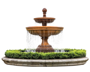 A large fountain with a small one on top. The water is falling from the top and the bottom
