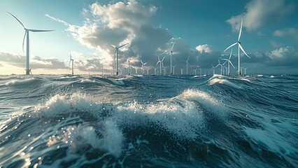 Offshore Wind Farm with Towering White Turbines in the Middle of the Ocean Against a Deep Blue Sea - Sustainable Energy Scene