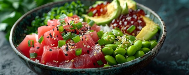 Freshly Prepared Poke Bowl with Tuna Avocado and Edamame   Healthy Food Concept