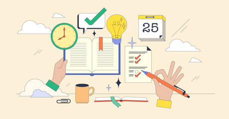 Study habits for effective and productive work tiny neubrutalism concept. Strategy for focused education process without distractions vector illustration. Learning schedule and time management.