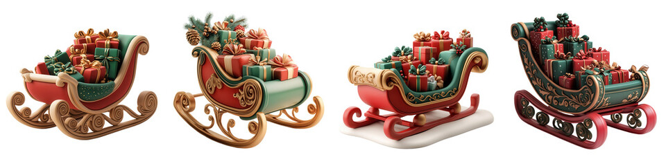 Beautifully decorated Christmas sleighs filled with colorful gifts, perfect for holiday-themed designs and festive celebrations. isolated on a transparent background