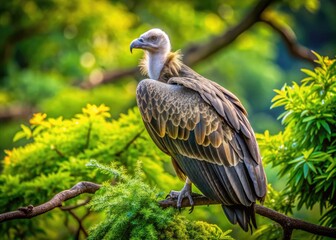 A majestic vulture perches amidst lush green tree branches, its feathery plumage blending seamlessly with the natural surroundings, exuding a sense of power and serenity.