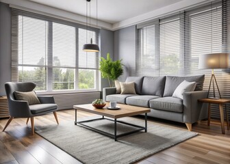 Fototapeta premium Cozy modern living room featuring a grey sofa, matching armchair, and sleek table, set near a window with elegant white blinds, exuding serenity.