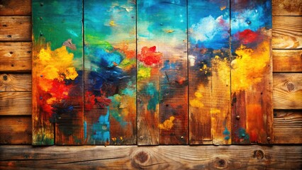 Distressed wooden board displaying a vibrant, abstract oil painting with bold brushstrokes and textured colors, evoking a nostalgic, rustic, and artistic atmosphere.