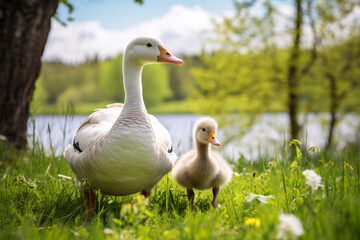 group of white geese with little goslings walks through a green meadow