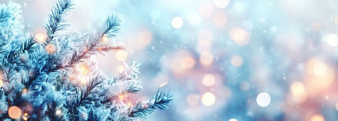 Abstract blurred background with snow and bokeh lights, in pastel colors.