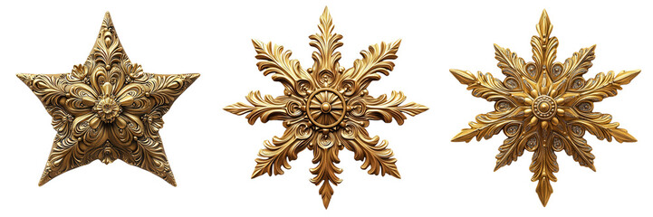 Ornate gold motifs featuring star and snowflake designs with intricate detailing, perfect for decoration or artistic inspiration. isolated on a transparent background