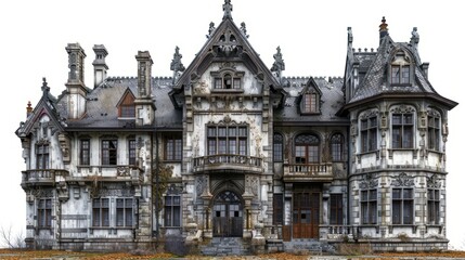 Obraz premium Abandoned Victorian mansion with intricate architecture and overgrown foliage in autumn