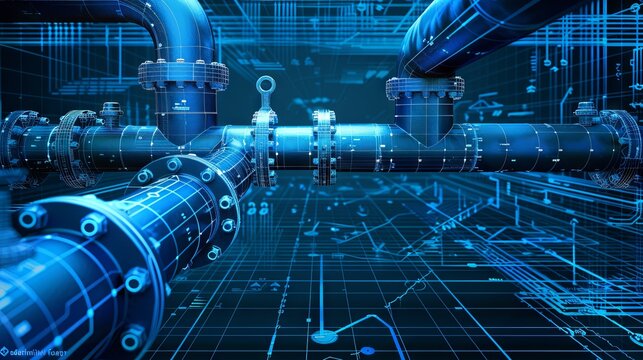 Building pipe and valve tube system architectural blueprint, industrial engineering construction design, factory pipeline technology equipment, gas or oil pump safety structure