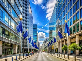 Fototapeta premium Modern architecture and European Union flags line Rue de la Loi, a bustling street in Brussels' European district, surrounded by official council and commission buildings.