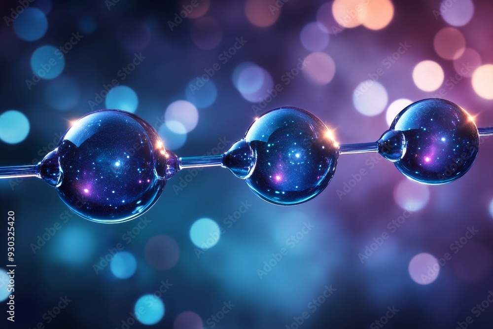 Poster luminous molecules linked in a chain casting colorful shadows on a vibrant background