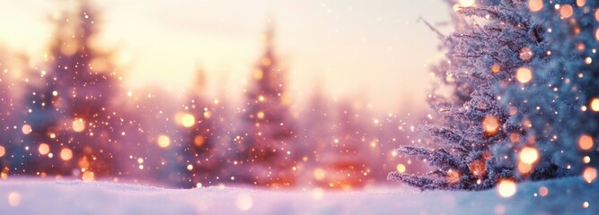 Abstract blurred background with snow and bokeh lights, in pastel colors.