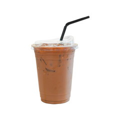 Iced l mocha coffee on plastic glass and tube-sucking isolated white background, summer drink concept.
