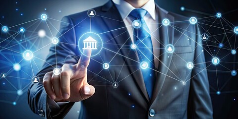 Businessman's hand touches a digital banking network, accessing a vast online system of financial big data with secure connections, showcasing innovation and smart analysis.