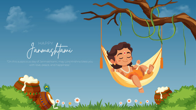 Happy Khrishna Janmashtami and dahi handi Hindu festival of happy shree lord krishna god born with janmashtami text and gradient background. abstract vector illustration design.