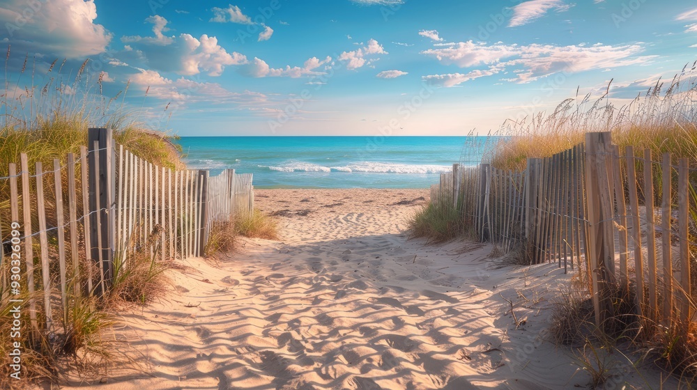 Poster tranquil beach access path leading to the ocean at sunset with soft waves lapping at the shore