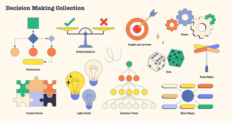 Decision making process strategies in tiny neubrutalism collection set. Labeled elements with various techniques for choice thinking and direction management vector illustration. Planning flowcharts.