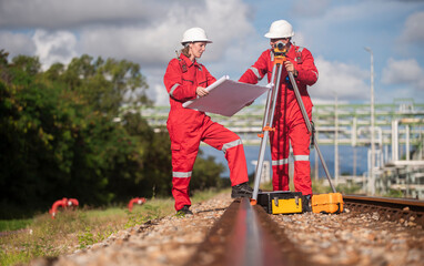 Fototapeta premium Surveyor engineers team wearing safety uniform and blueprint checking inspection by theodolite telescope to measurement level position railway construction site is industry transportation concept.